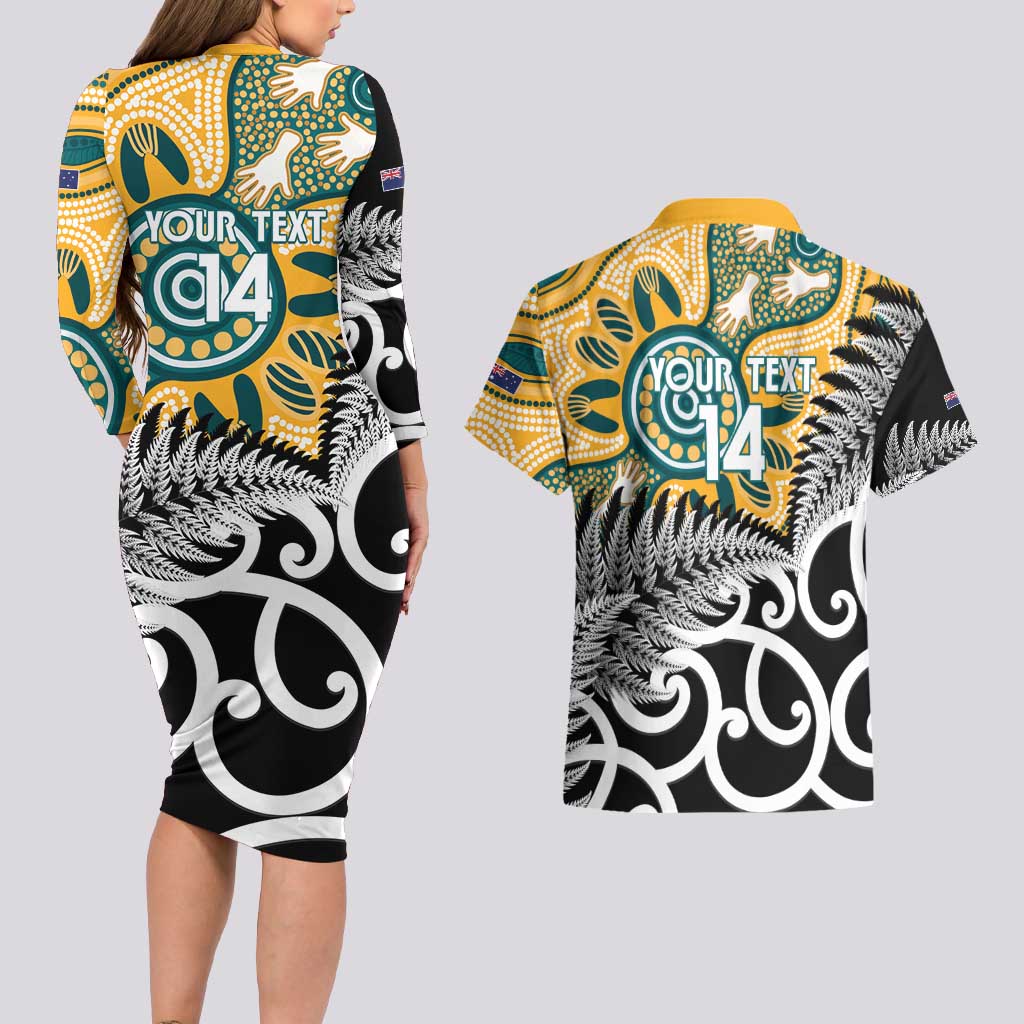 New Zealand Australia Rugby Custom Couples Matching Long Sleeve Bodycon Dress and Hawaiian Shirt Wallabies Aboriginal All Black Maori Tiki Together - Aussie Hoodie