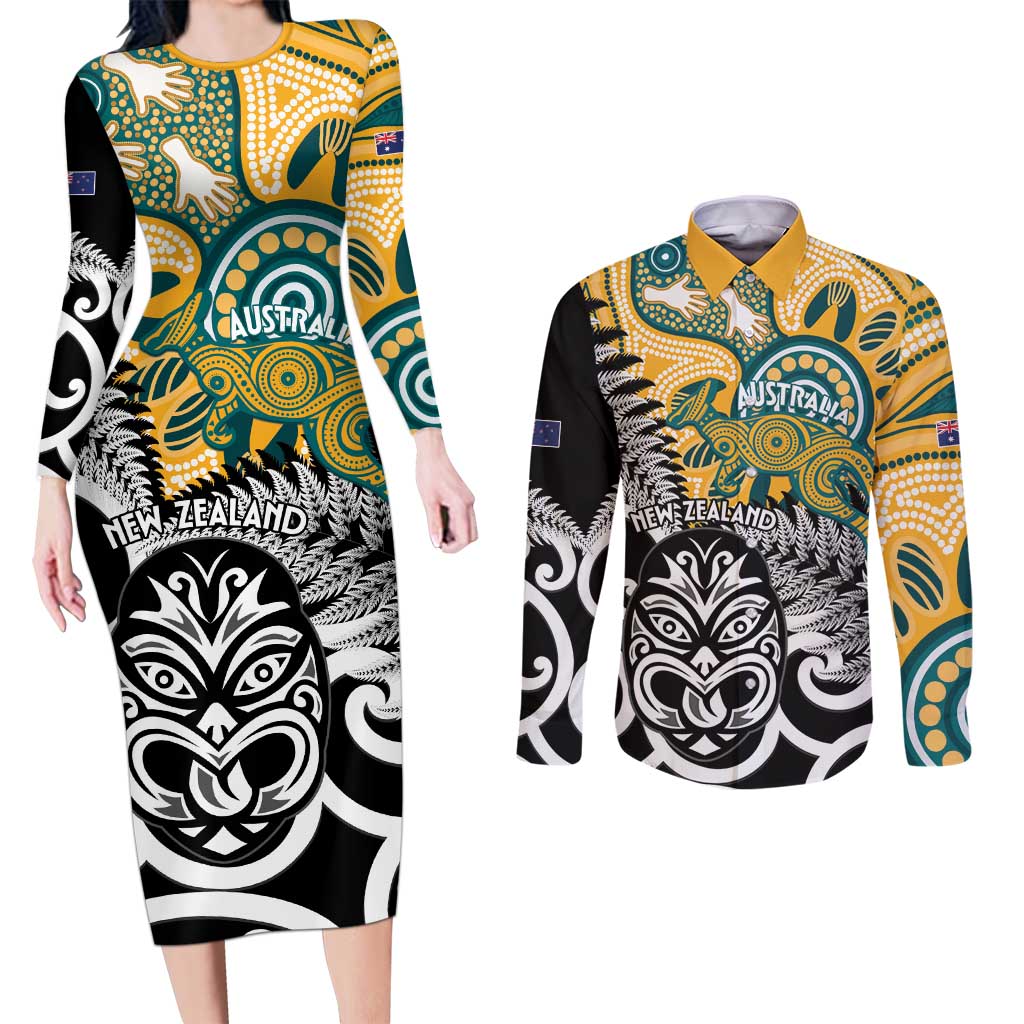 New Zealand Australia Rugby Custom Couples Matching Long Sleeve Bodycon Dress and Long Sleeve Button Shirt Wallabies Aboriginal All Black Maori Tiki Together - Aussie Hoodie