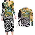 New Zealand Australia Rugby Custom Couples Matching Long Sleeve Bodycon Dress and Long Sleeve Button Shirt Wallabies Aboriginal All Black Maori Tiki Together - Aussie Hoodie