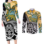 New Zealand Australia Rugby Custom Couples Matching Long Sleeve Bodycon Dress and Long Sleeve Button Shirt Wallabies Aboriginal All Black Maori Tiki Together - Aussie Hoodie
