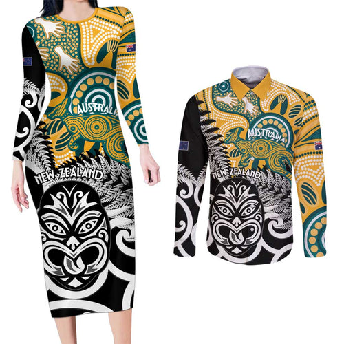 New Zealand Australia Rugby Custom Couples Matching Long Sleeve Bodycon Dress and Long Sleeve Button Shirt Wallabies Aboriginal All Black Maori Tiki Together - Aussie Hoodie
