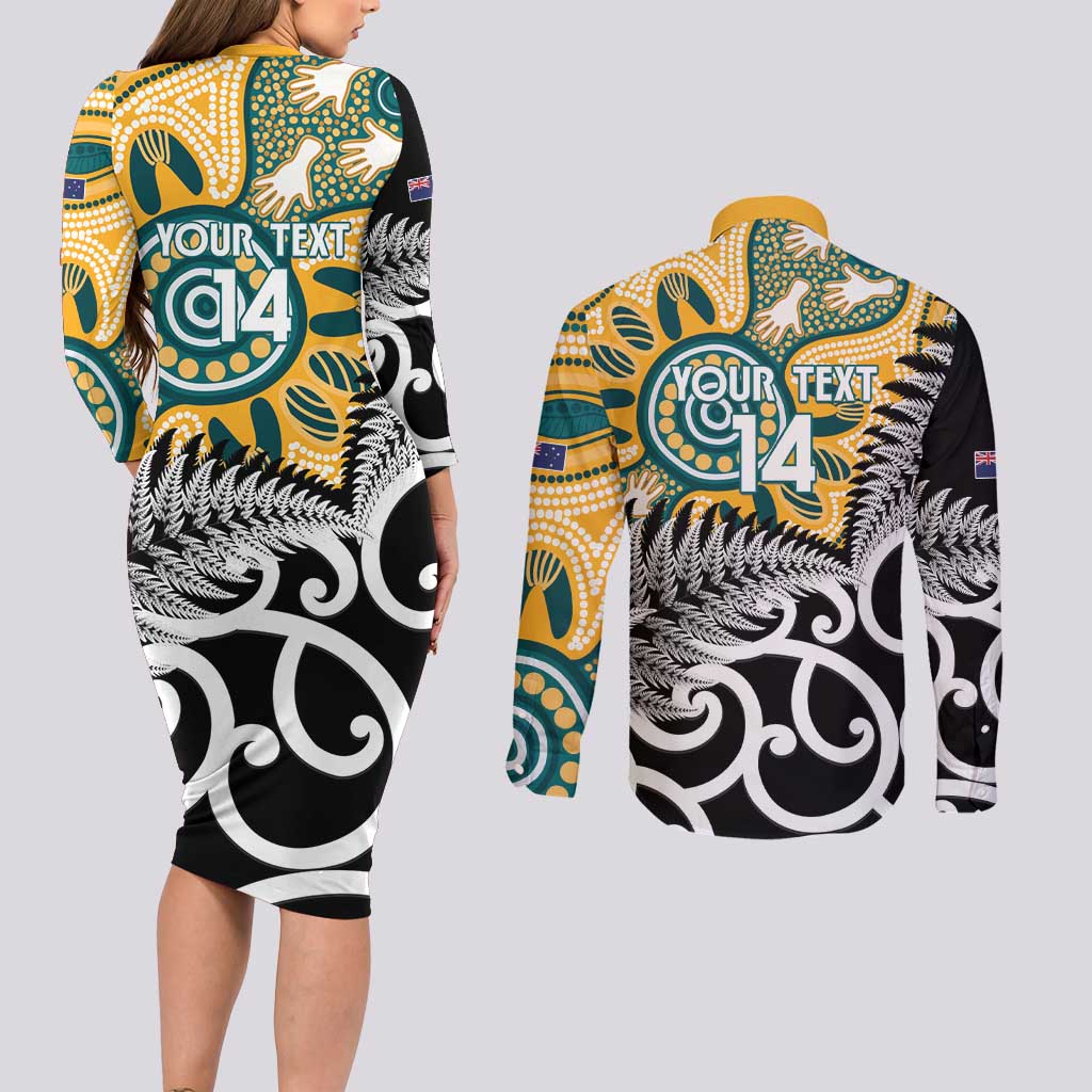 New Zealand Australia Rugby Custom Couples Matching Long Sleeve Bodycon Dress and Long Sleeve Button Shirt Wallabies Aboriginal All Black Maori Tiki Together - Aussie Hoodie