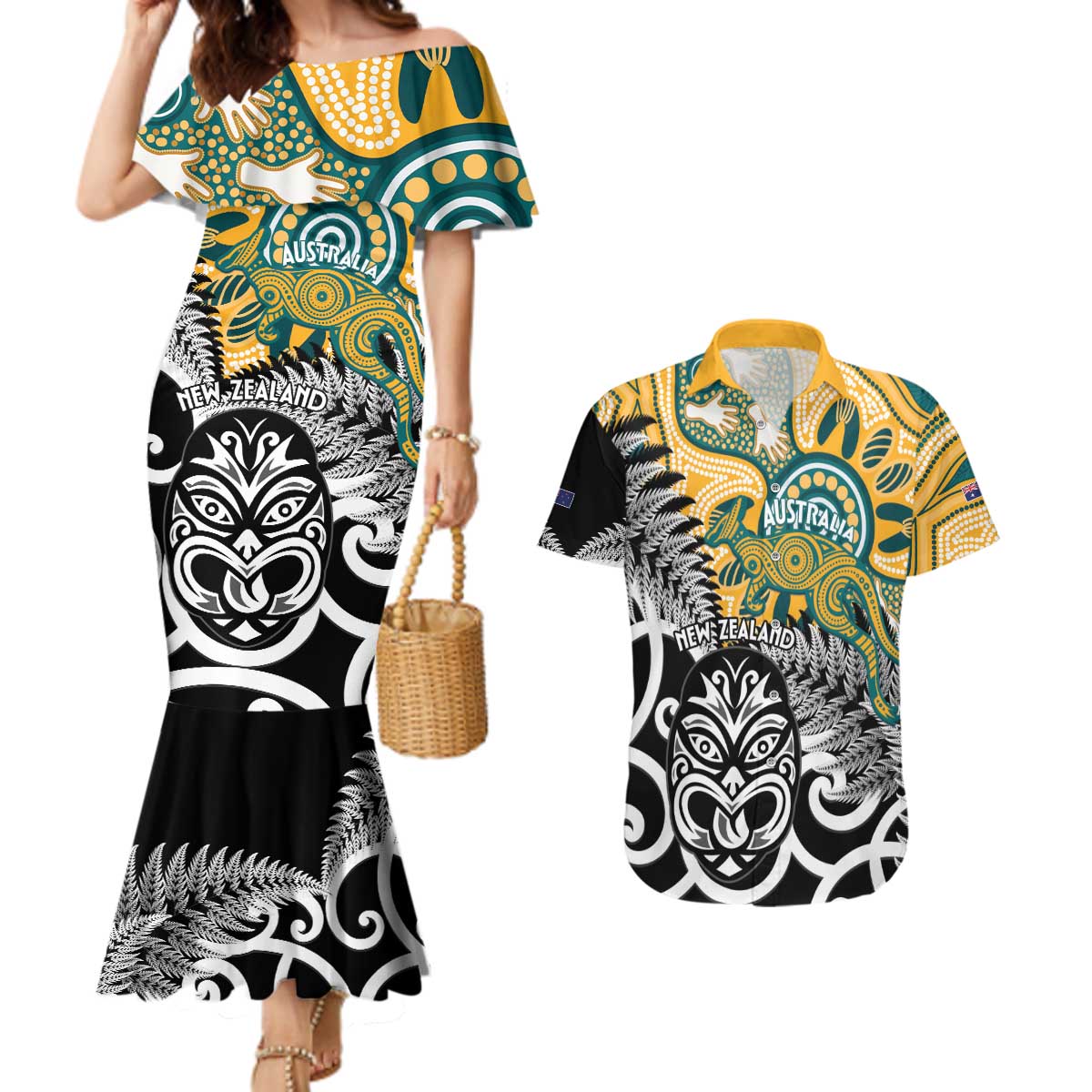 New Zealand Australia Rugby Custom Couples Matching Mermaid Dress and Hawaiian Shirt Wallabies Aboriginal All Black Maori Tiki Together - Aussie Hoodie
