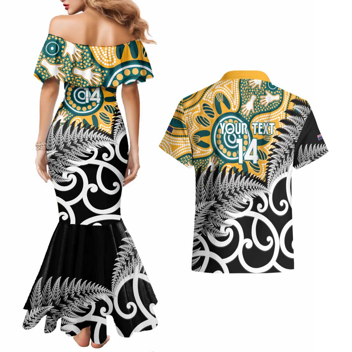 New Zealand Australia Rugby Custom Couples Matching Mermaid Dress and Hawaiian Shirt Wallabies Aboriginal All Black Maori Tiki Together - Aussie Hoodie