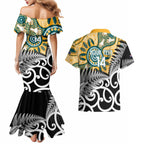 New Zealand Australia Rugby Custom Couples Matching Mermaid Dress and Hawaiian Shirt Wallabies Aboriginal All Black Maori Tiki Together - Aussie Hoodie
