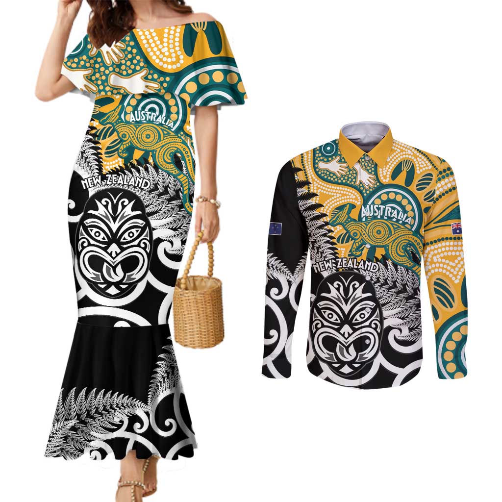 New Zealand Australia Rugby Custom Couples Matching Mermaid Dress and Long Sleeve Button Shirt Wallabies Aboriginal All Black Maori Tiki Together - Aussie Hoodie