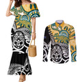 New Zealand Australia Rugby Custom Couples Matching Mermaid Dress and Long Sleeve Button Shirt Wallabies Aboriginal All Black Maori Tiki Together - Aussie Hoodie