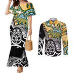 New Zealand Australia Rugby Custom Couples Matching Mermaid Dress and Long Sleeve Button Shirt Wallabies Aboriginal All Black Maori Tiki Together - Aussie Hoodie