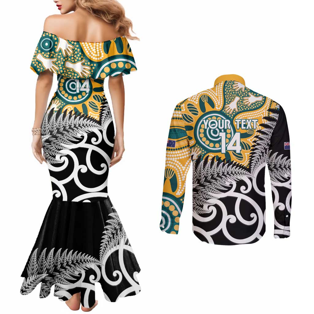 New Zealand Australia Rugby Custom Couples Matching Mermaid Dress and Long Sleeve Button Shirt Wallabies Aboriginal All Black Maori Tiki Together - Aussie Hoodie