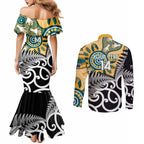 New Zealand Australia Rugby Custom Couples Matching Mermaid Dress and Long Sleeve Button Shirt Wallabies Aboriginal All Black Maori Tiki Together - Aussie Hoodie
