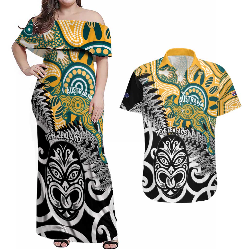 New Zealand Australia Rugby Custom Couples Matching Off Shoulder Maxi Dress and Hawaiian Shirt Wallabies Aboriginal All Black Maori Tiki Together - Aussie Hoodie
