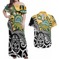 New Zealand Australia Rugby Custom Couples Matching Off Shoulder Maxi Dress and Hawaiian Shirt Wallabies Aboriginal All Black Maori Tiki Together - Aussie Hoodie
