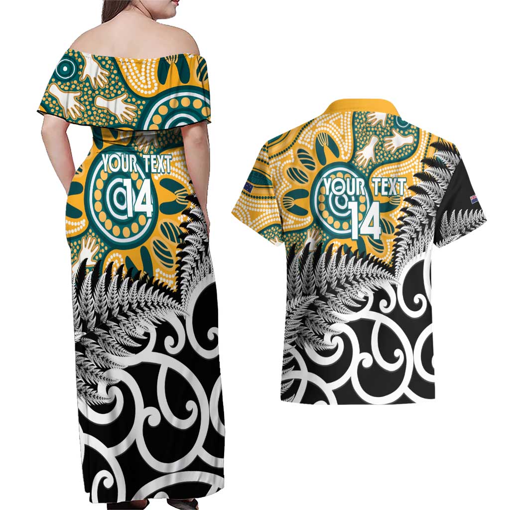 New Zealand Australia Rugby Custom Couples Matching Off Shoulder Maxi Dress and Hawaiian Shirt Wallabies Aboriginal All Black Maori Tiki Together - Aussie Hoodie