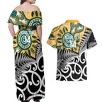 New Zealand Australia Rugby Custom Couples Matching Off Shoulder Maxi Dress and Hawaiian Shirt Wallabies Aboriginal All Black Maori Tiki Together - Aussie Hoodie