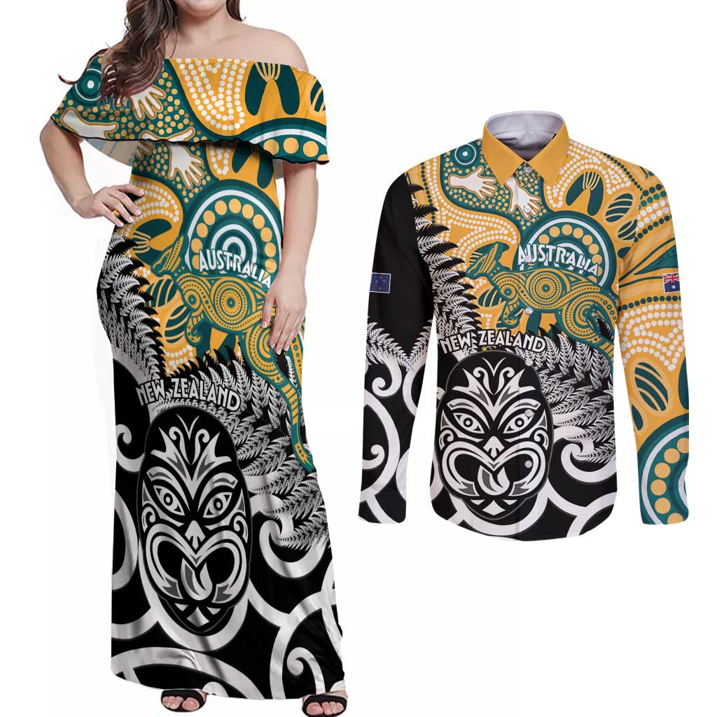 New Zealand Australia Rugby Custom Couples Matching Off Shoulder Maxi Dress and Long Sleeve Button Shirt Wallabies Aboriginal All Black Maori Tiki Together - Aussie Hoodie