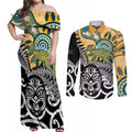 New Zealand Australia Rugby Custom Couples Matching Off Shoulder Maxi Dress and Long Sleeve Button Shirt Wallabies Aboriginal All Black Maori Tiki Together - Aussie Hoodie