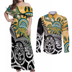 New Zealand Australia Rugby Custom Couples Matching Off Shoulder Maxi Dress and Long Sleeve Button Shirt Wallabies Aboriginal All Black Maori Tiki Together - Aussie Hoodie