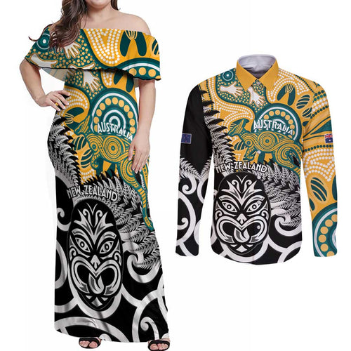 New Zealand Australia Rugby Custom Couples Matching Off Shoulder Maxi Dress and Long Sleeve Button Shirt Wallabies Aboriginal All Black Maori Tiki Together - Aussie Hoodie