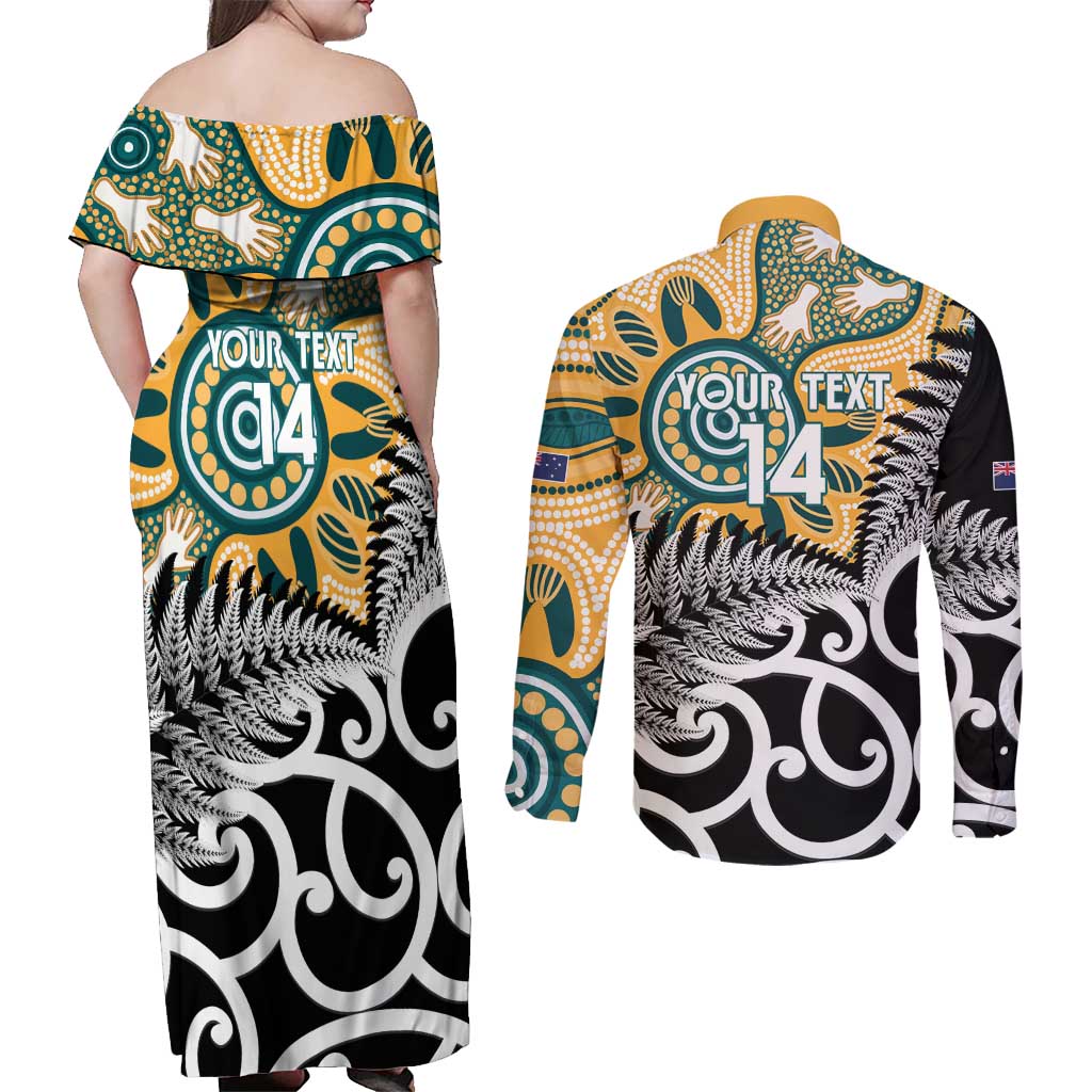 New Zealand Australia Rugby Custom Couples Matching Off Shoulder Maxi Dress and Long Sleeve Button Shirt Wallabies Aboriginal All Black Maori Tiki Together - Aussie Hoodie