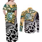 New Zealand Australia Rugby Custom Couples Matching Off Shoulder Maxi Dress and Long Sleeve Button Shirt Wallabies Aboriginal All Black Maori Tiki Together - Aussie Hoodie