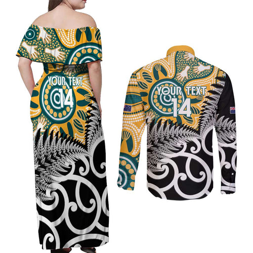 New Zealand Australia Rugby Custom Couples Matching Off Shoulder Maxi Dress and Long Sleeve Button Shirt Wallabies Aboriginal All Black Maori Tiki Together - Aussie Hoodie