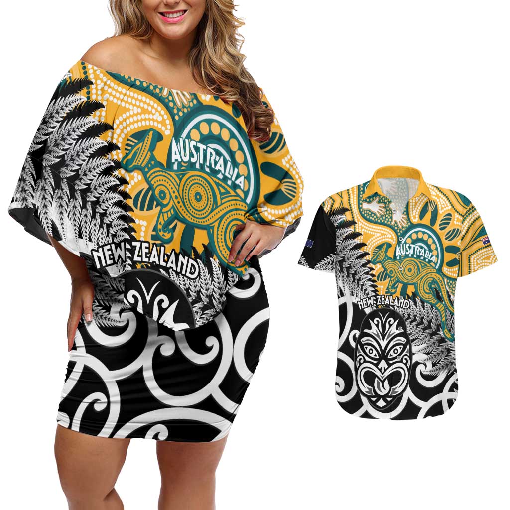 New Zealand Australia Rugby Custom Couples Matching Off Shoulder Short Dress and Hawaiian Shirt Wallabies Aboriginal All Black Maori Tiki Together - Aussie Hoodie