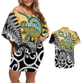 New Zealand Australia Rugby Custom Couples Matching Off Shoulder Short Dress and Hawaiian Shirt Wallabies Aboriginal All Black Maori Tiki Together - Aussie Hoodie