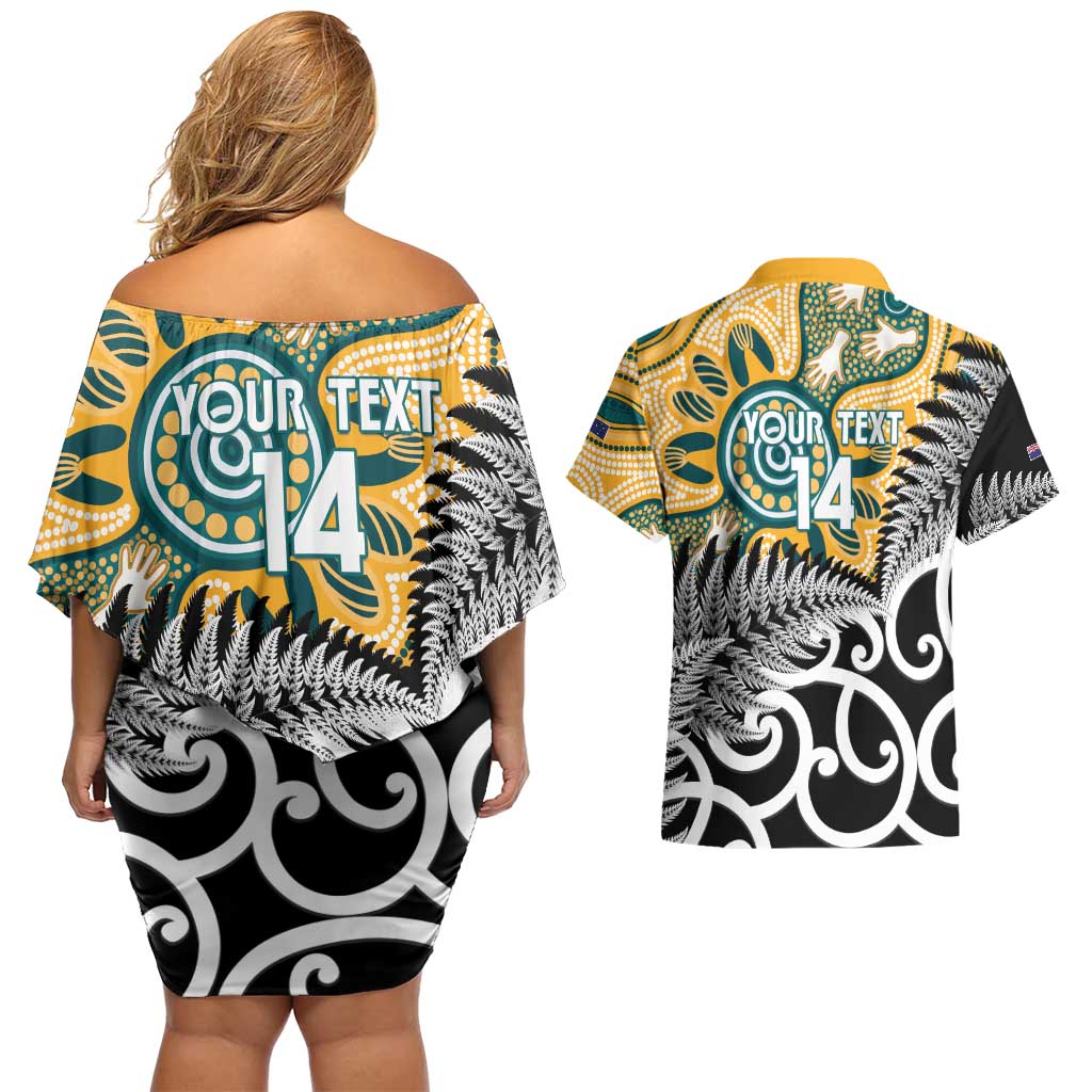 New Zealand Australia Rugby Custom Couples Matching Off Shoulder Short Dress and Hawaiian Shirt Wallabies Aboriginal All Black Maori Tiki Together - Aussie Hoodie