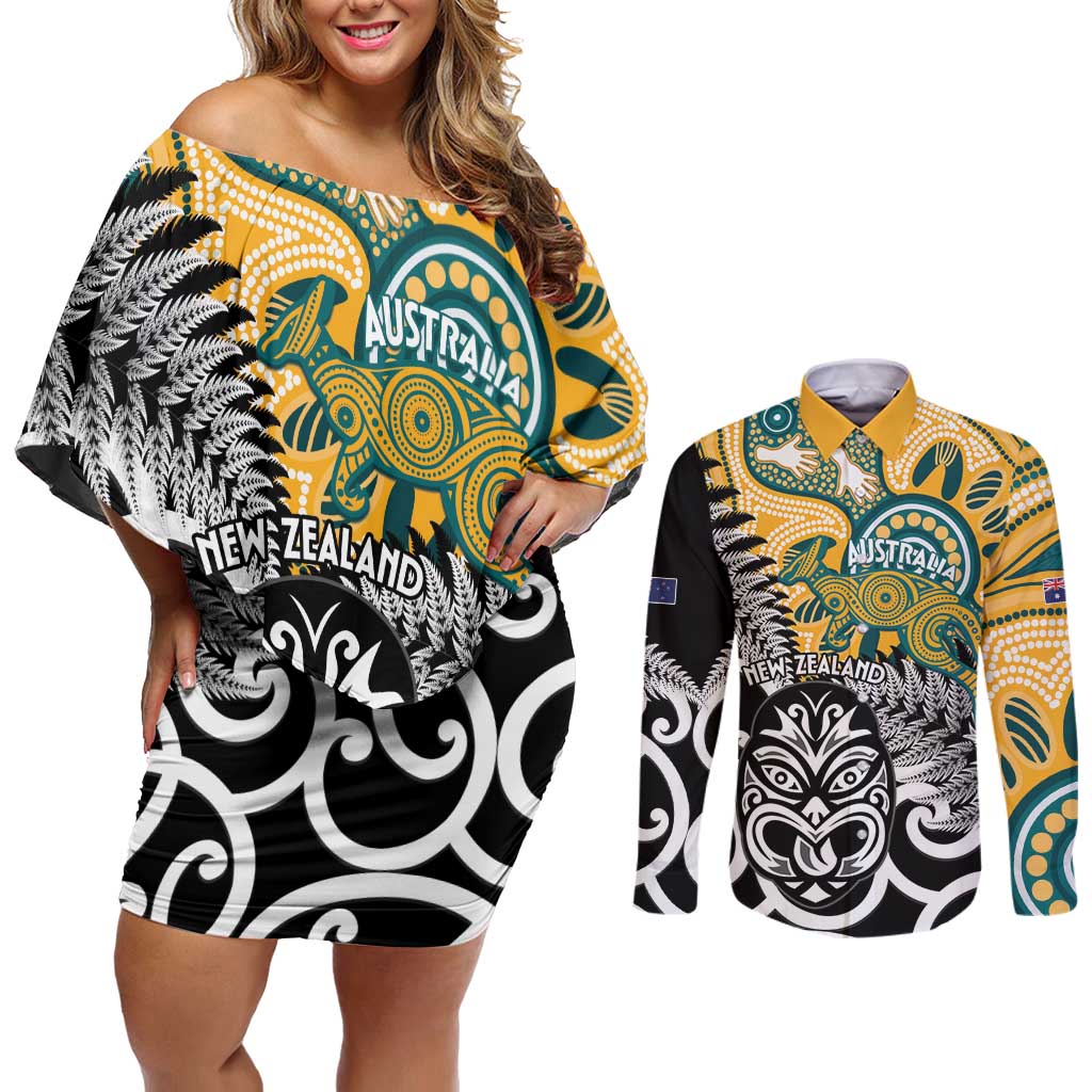 New Zealand Australia Rugby Custom Couples Matching Off Shoulder Short Dress and Long Sleeve Button Shirt Wallabies Aboriginal All Black Maori Tiki Together - Aussie Hoodie