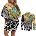 New Zealand Australia Rugby Custom Couples Matching Off Shoulder Short Dress and Long Sleeve Button Shirt Wallabies Aboriginal All Black Maori Tiki Together - Aussie Hoodie