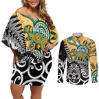 New Zealand Australia Rugby Custom Couples Matching Off Shoulder Short Dress and Long Sleeve Button Shirt Wallabies Aboriginal All Black Maori Tiki Together - Aussie Hoodie
