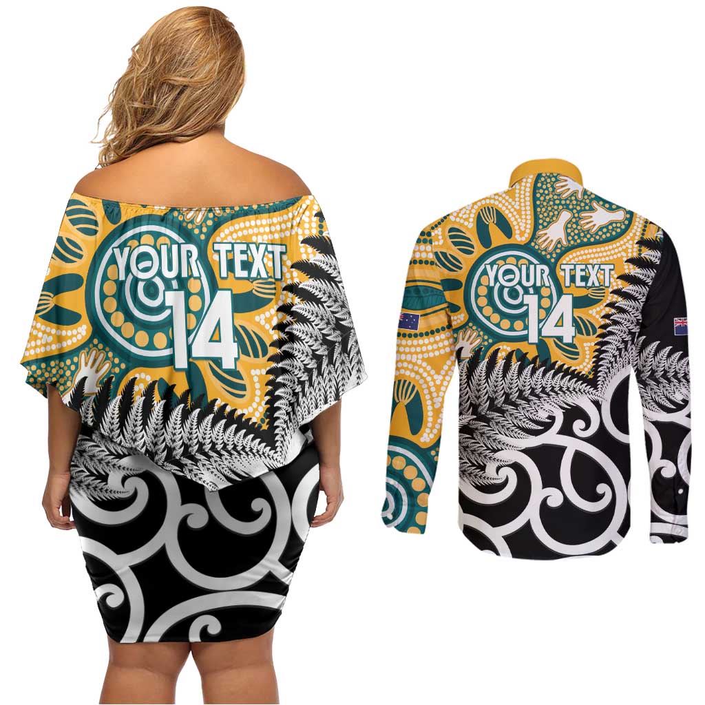 New Zealand Australia Rugby Custom Couples Matching Off Shoulder Short Dress and Long Sleeve Button Shirt Wallabies Aboriginal All Black Maori Tiki Together - Aussie Hoodie