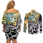 New Zealand Australia Rugby Custom Couples Matching Off Shoulder Short Dress and Long Sleeve Button Shirt Wallabies Aboriginal All Black Maori Tiki Together - Aussie Hoodie