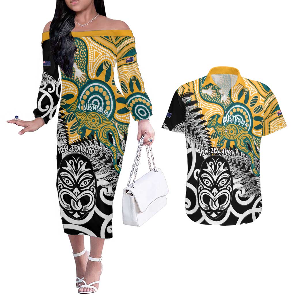 New Zealand Australia Rugby Custom Couples Matching Off The Shoulder Long Sleeve Dress and Hawaiian Shirt Wallabies Aboriginal All Black Maori Tiki Together - Aussie Hoodie