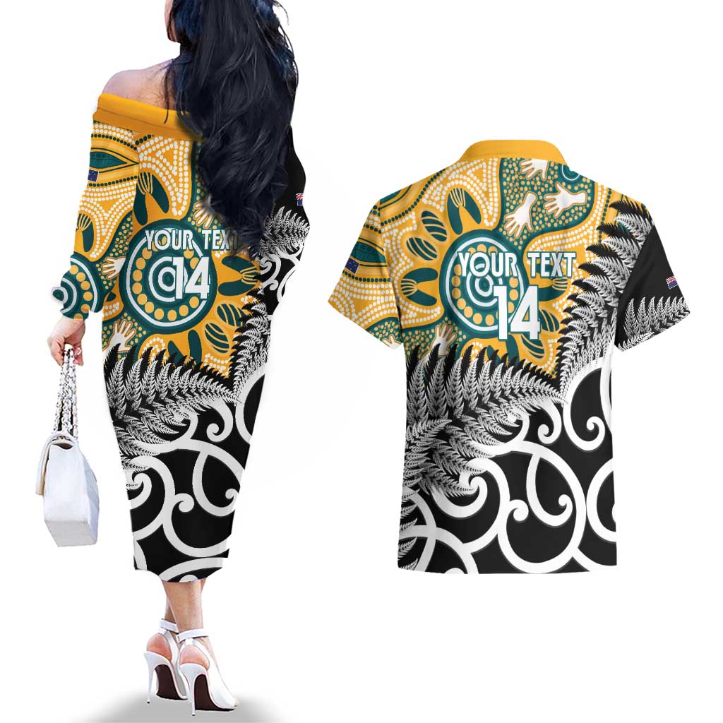 New Zealand Australia Rugby Custom Couples Matching Off The Shoulder Long Sleeve Dress and Hawaiian Shirt Wallabies Aboriginal All Black Maori Tiki Together - Aussie Hoodie