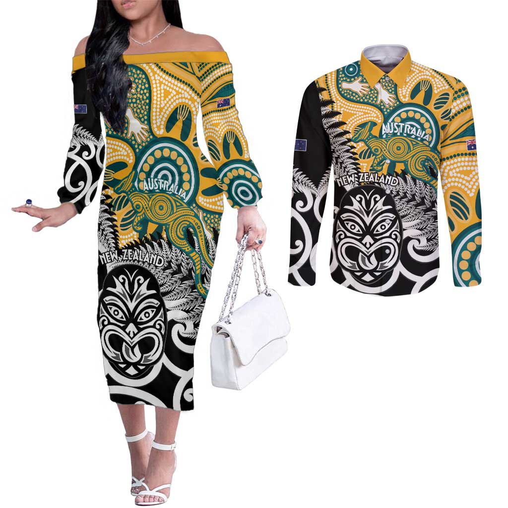 New Zealand Australia Rugby Custom Couples Matching Off The Shoulder Long Sleeve Dress and Long Sleeve Button Shirt Wallabies Aboriginal All Black Maori Tiki Together - Aussie Hoodie