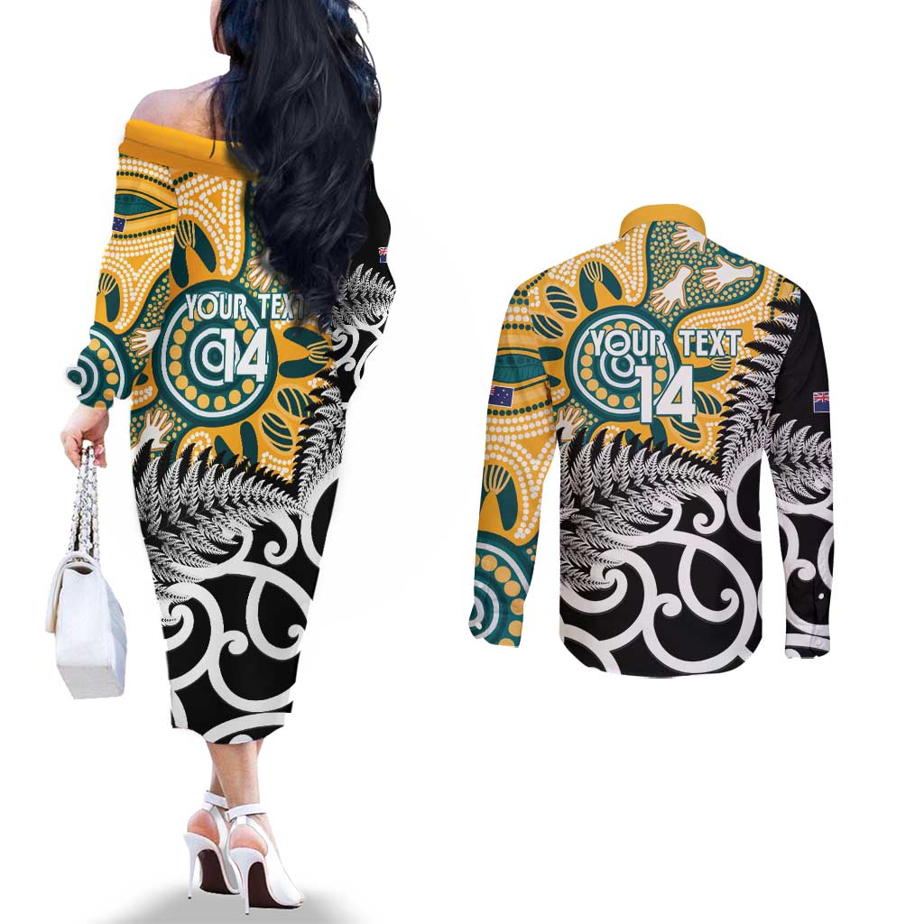 New Zealand Australia Rugby Custom Couples Matching Off The Shoulder Long Sleeve Dress and Long Sleeve Button Shirt Wallabies Aboriginal All Black Maori Tiki Together - Aussie Hoodie