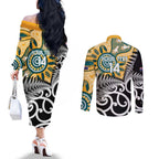 New Zealand Australia Rugby Custom Couples Matching Off The Shoulder Long Sleeve Dress and Long Sleeve Button Shirt Wallabies Aboriginal All Black Maori Tiki Together - Aussie Hoodie