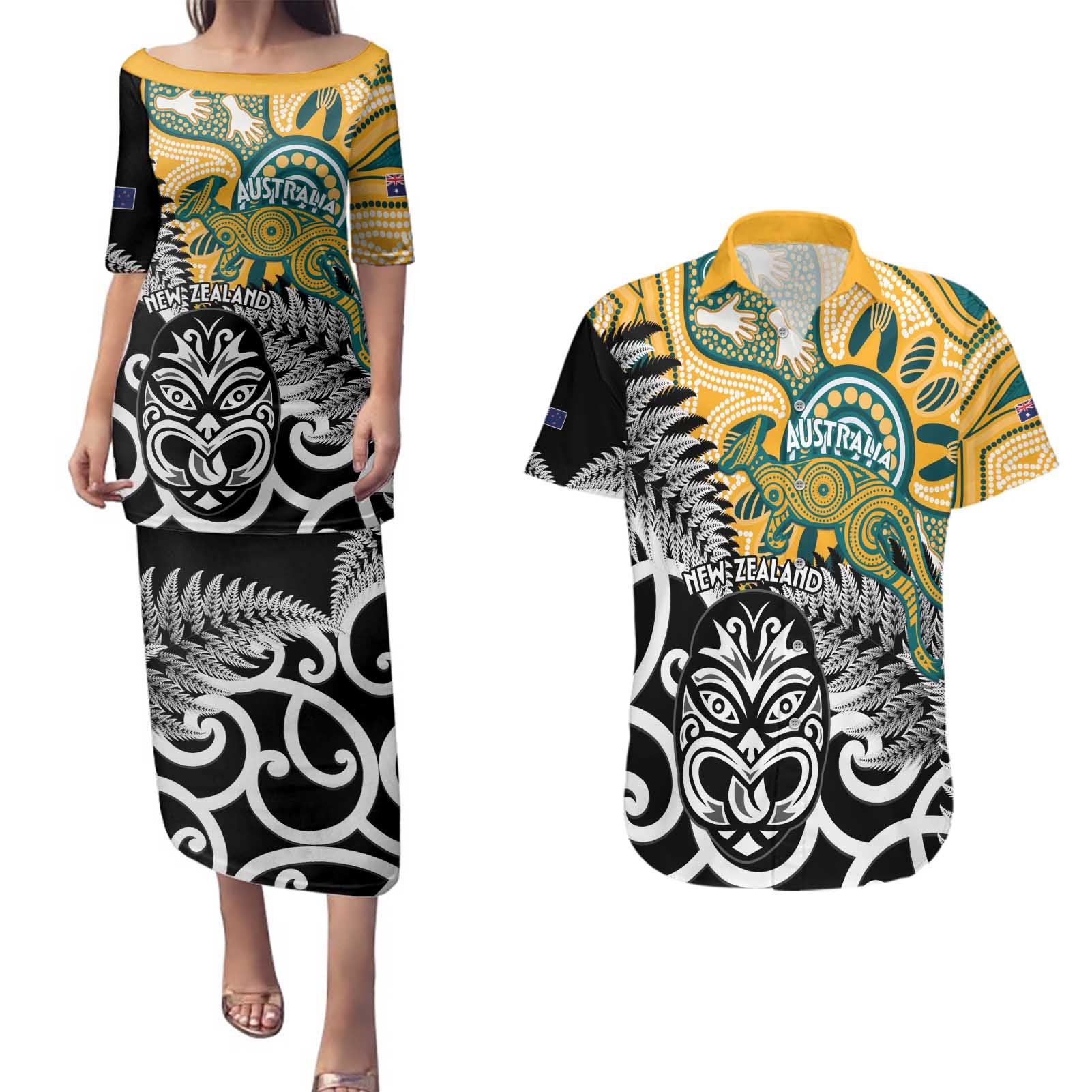 New Zealand Australia Rugby Custom Couples Matching Puletasi and Hawaiian Shirt Wallabies Aboriginal All Black Maori Tiki Together - Aussie Hoodie