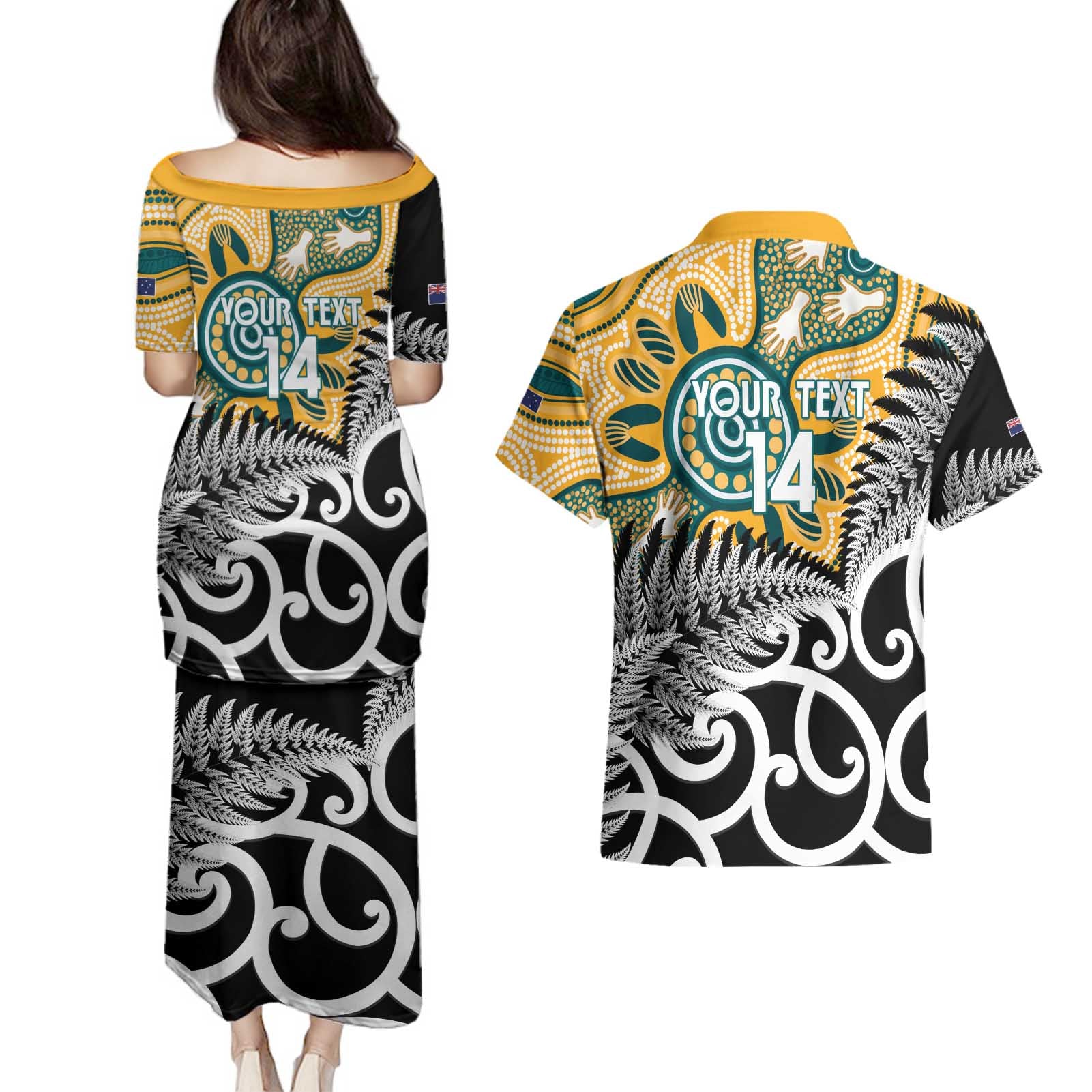 New Zealand Australia Rugby Custom Couples Matching Puletasi and Hawaiian Shirt Wallabies Aboriginal All Black Maori Tiki Together - Aussie Hoodie