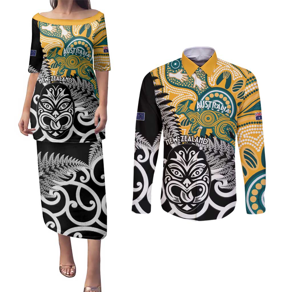New Zealand Australia Rugby Custom Couples Matching Puletasi and Long Sleeve Button Shirt Wallabies Aboriginal All Black Maori Tiki Together - Aussie Hoodie