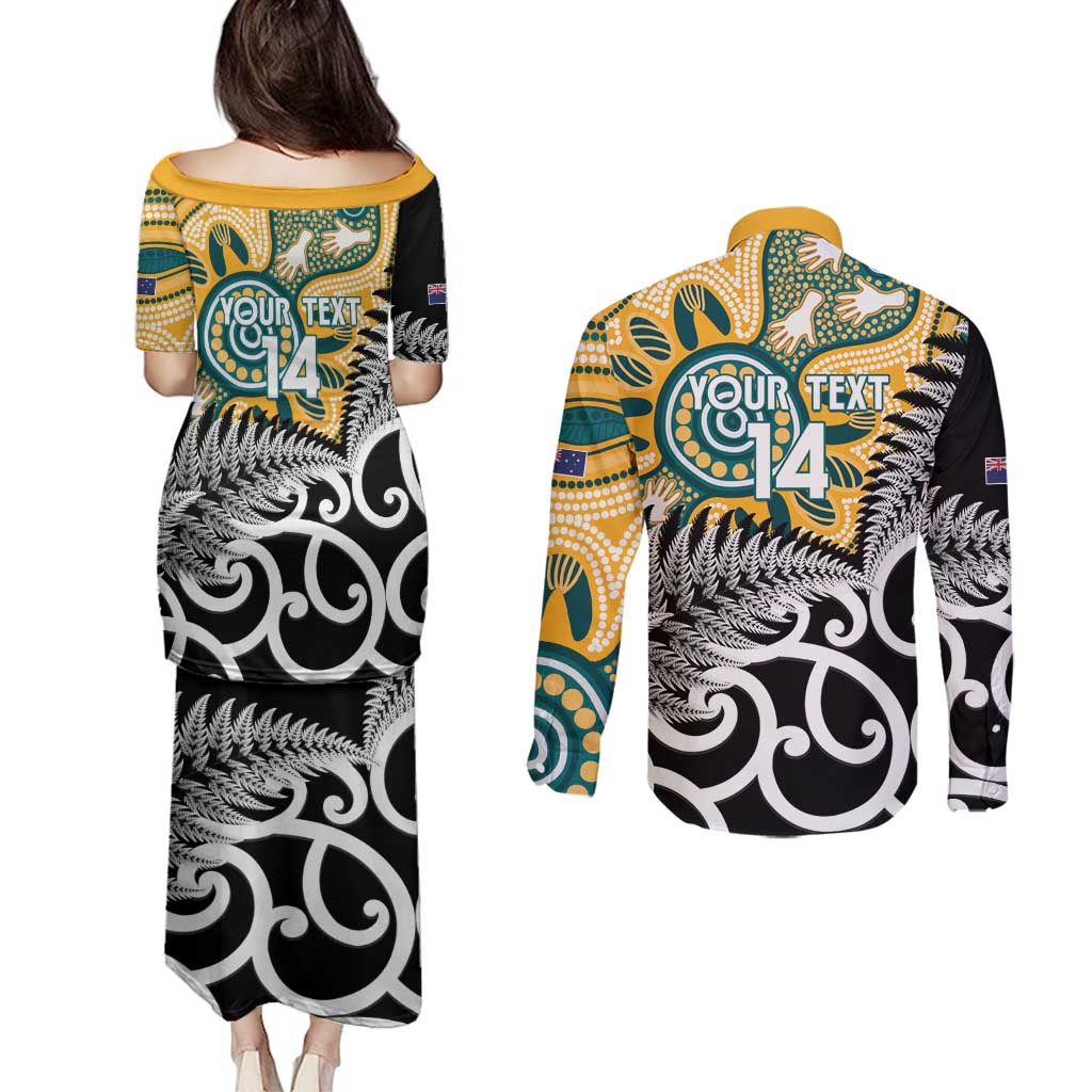 New Zealand Australia Rugby Custom Couples Matching Puletasi and Long Sleeve Button Shirt Wallabies Aboriginal All Black Maori Tiki Together - Aussie Hoodie