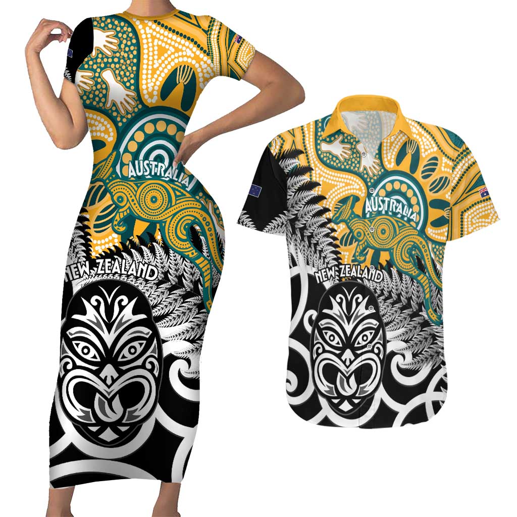 New Zealand Australia Rugby Custom Couples Matching Short Sleeve Bodycon Dress and Hawaiian Shirt Wallabies Aboriginal All Black Maori Tiki Together - Aussie Hoodie