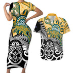 New Zealand Australia Rugby Custom Couples Matching Short Sleeve Bodycon Dress and Hawaiian Shirt Wallabies Aboriginal All Black Maori Tiki Together - Aussie Hoodie