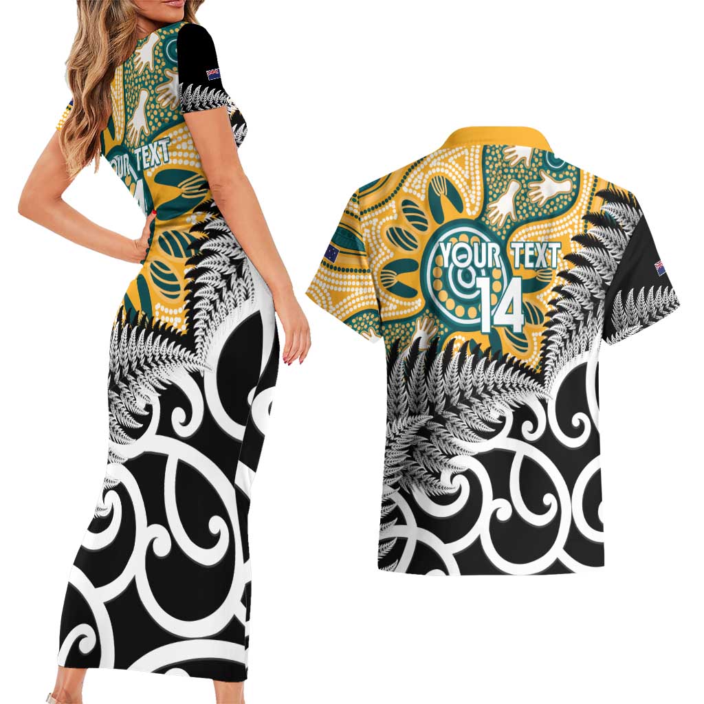 New Zealand Australia Rugby Custom Couples Matching Short Sleeve Bodycon Dress and Hawaiian Shirt Wallabies Aboriginal All Black Maori Tiki Together - Aussie Hoodie