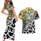New Zealand Australia Rugby Custom Couples Matching Short Sleeve Bodycon Dress and Hawaiian Shirt Wallabies Aboriginal All Black Maori Tiki Together - Aussie Hoodie