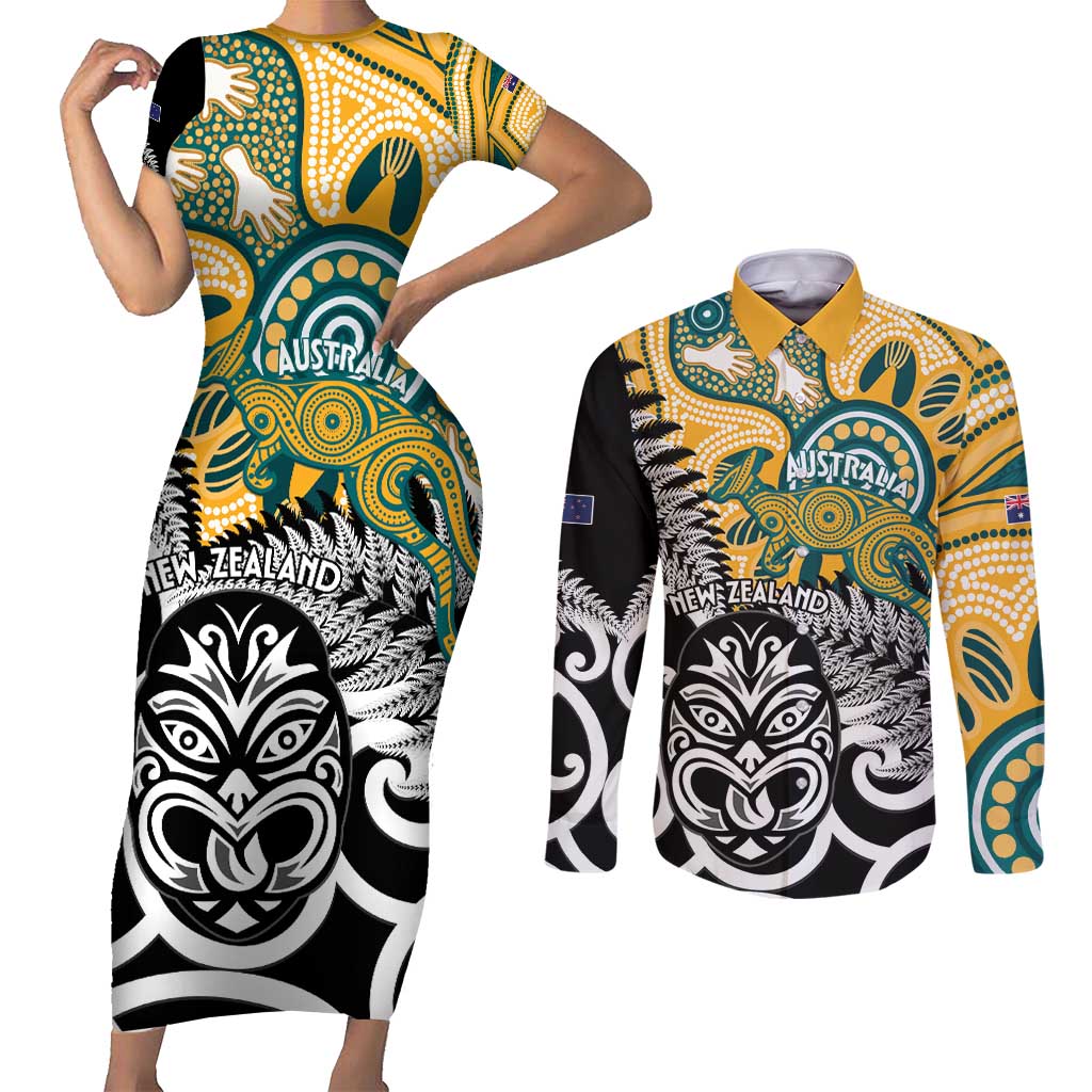 New Zealand Australia Rugby Custom Couples Matching Short Sleeve Bodycon Dress and Long Sleeve Button Shirt Wallabies Aboriginal All Black Maori Tiki Together - Aussie Hoodie