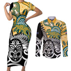 New Zealand Australia Rugby Custom Couples Matching Short Sleeve Bodycon Dress and Long Sleeve Button Shirt Wallabies Aboriginal All Black Maori Tiki Together - Aussie Hoodie