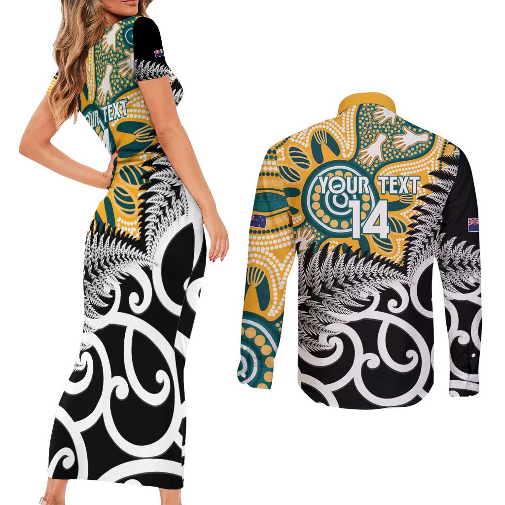 New Zealand Australia Rugby Custom Couples Matching Short Sleeve Bodycon Dress and Long Sleeve Button Shirt Wallabies Aboriginal All Black Maori Tiki Together - Aussie Hoodie
