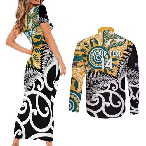 New Zealand Australia Rugby Custom Couples Matching Short Sleeve Bodycon Dress and Long Sleeve Button Shirt Wallabies Aboriginal All Black Maori Tiki Together - Aussie Hoodie